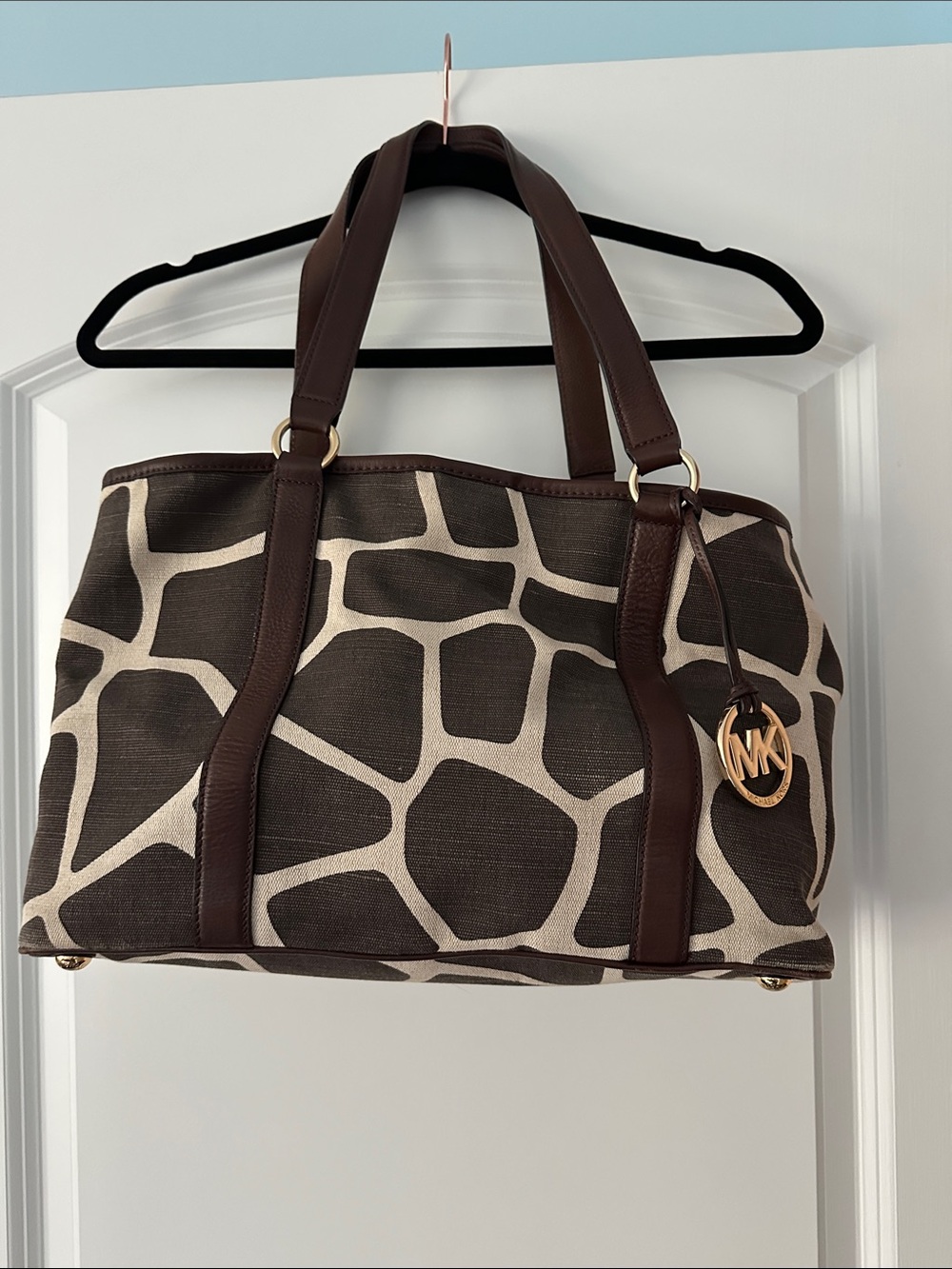 Michael Kors Brown and Cream Giraffe-Print Canvas Tote with Gold MK Charm